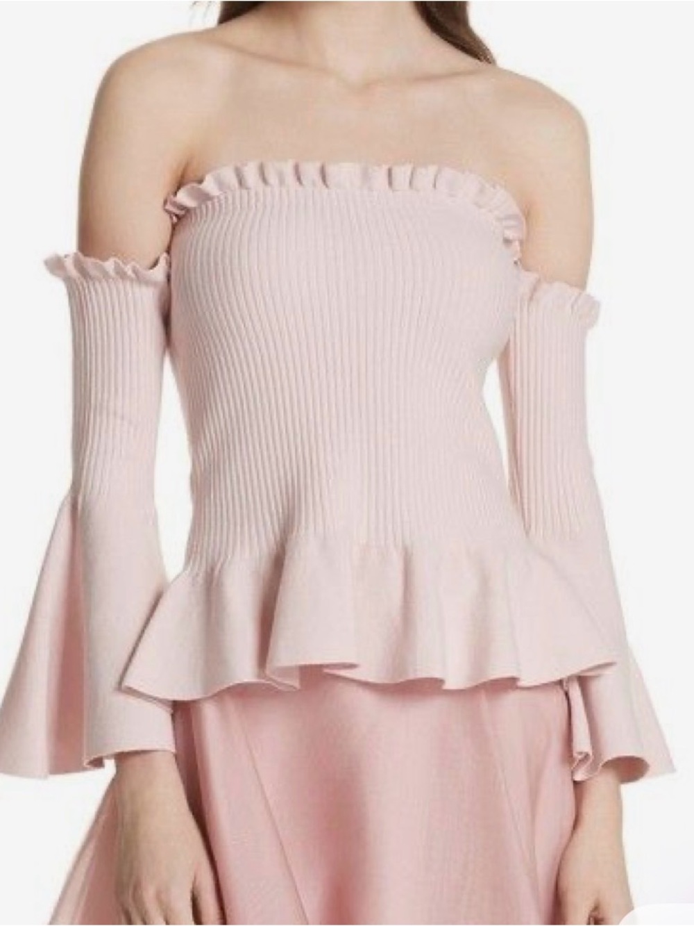 Milly Off-the-Shoulder Ruffle Peplum Sweater - Blush Pink
